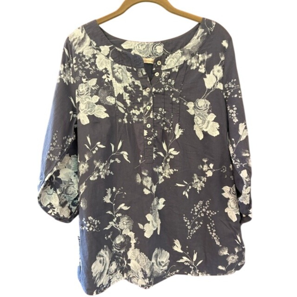 Soft Surroundings Floral Tunic Women S Navy Gray Excellent Pintuck Roll‎ Tab